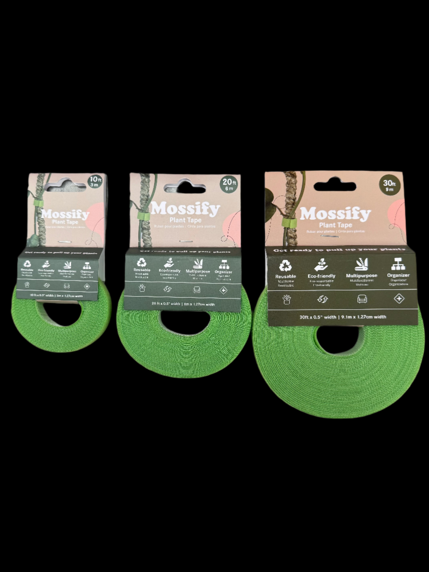 is a photo of mossify plant tape in 10ft, 20ft and 30ft