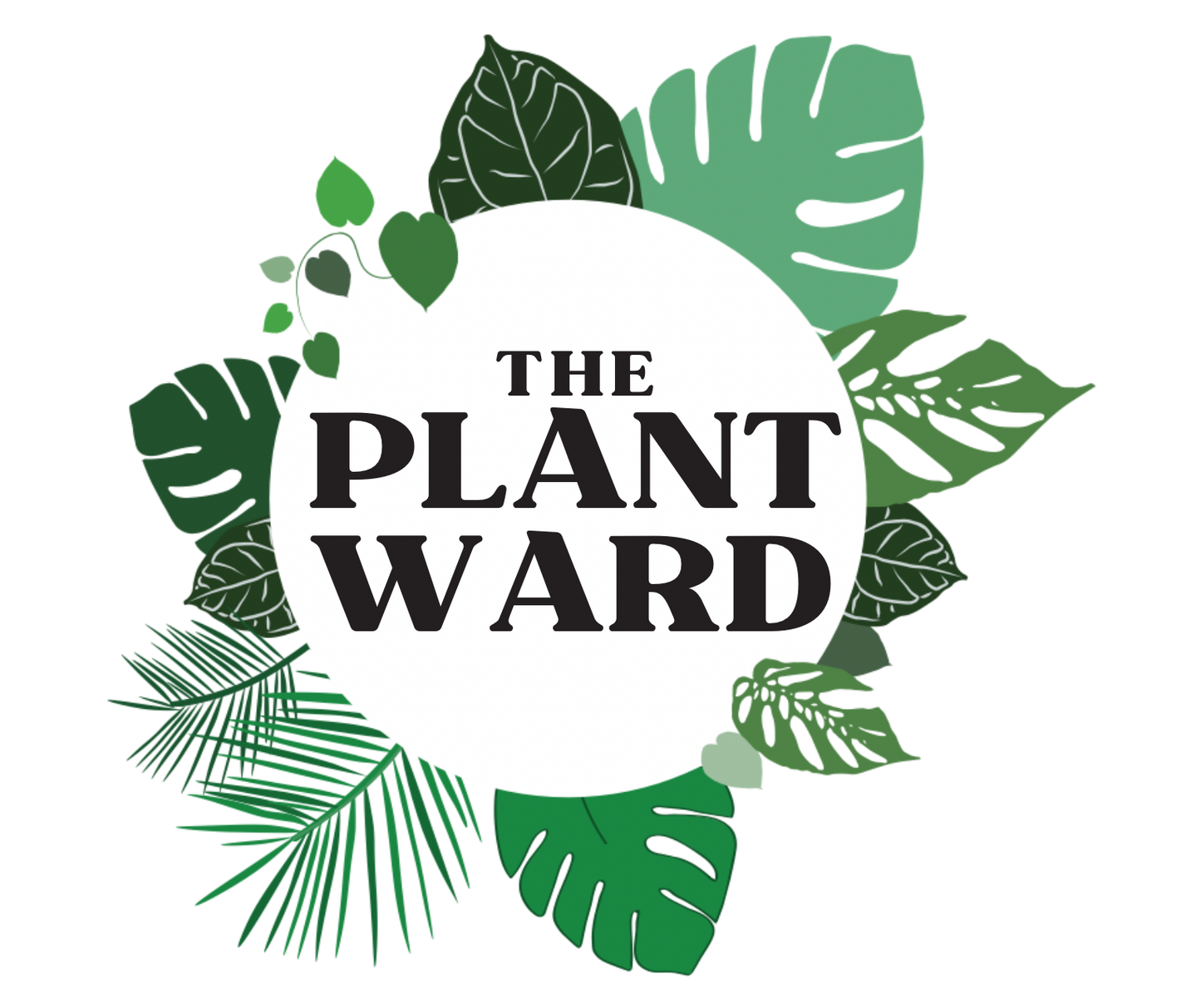 The image features a circular emblem with the text "THE PLANT WARD" centered inside. Surrounding the circle are various green leaves from different plant species. The leaves encompass a variety of shapes, sizes, and shades of green, including heart-shaped, elongated, and deeply lobed leaves with some displaying distinct vein patterns. The leaves are arranged radially around the circle, giving a wreath-like appearance against a white background.