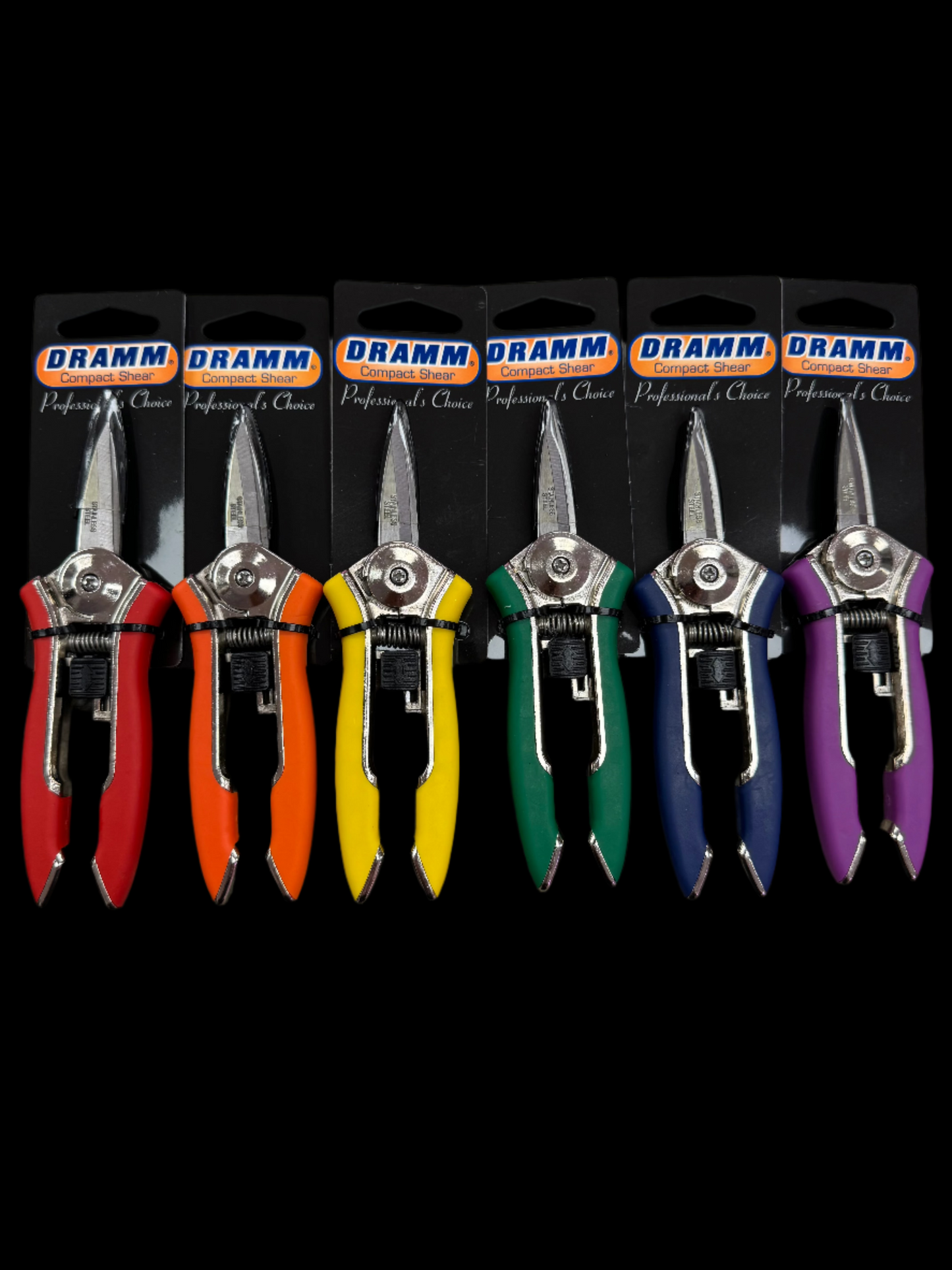 Is an image of Dramm compact shears in the colors red, orange, yellow, green, blue and berry.